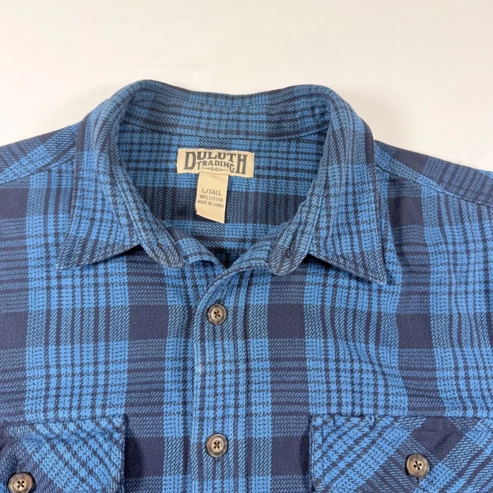 Duluth Trading Co Flannel Shirt Mens Large Tall Blue Plaid Heavy Cotton Work